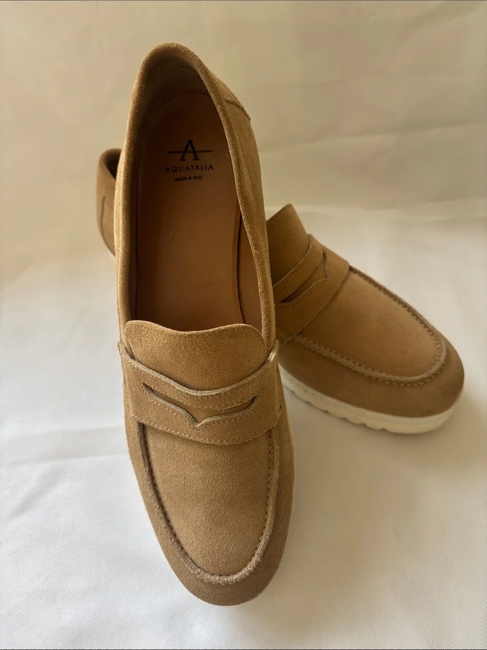 Aquatalia Suede Loafers in Light Tan with White Platform